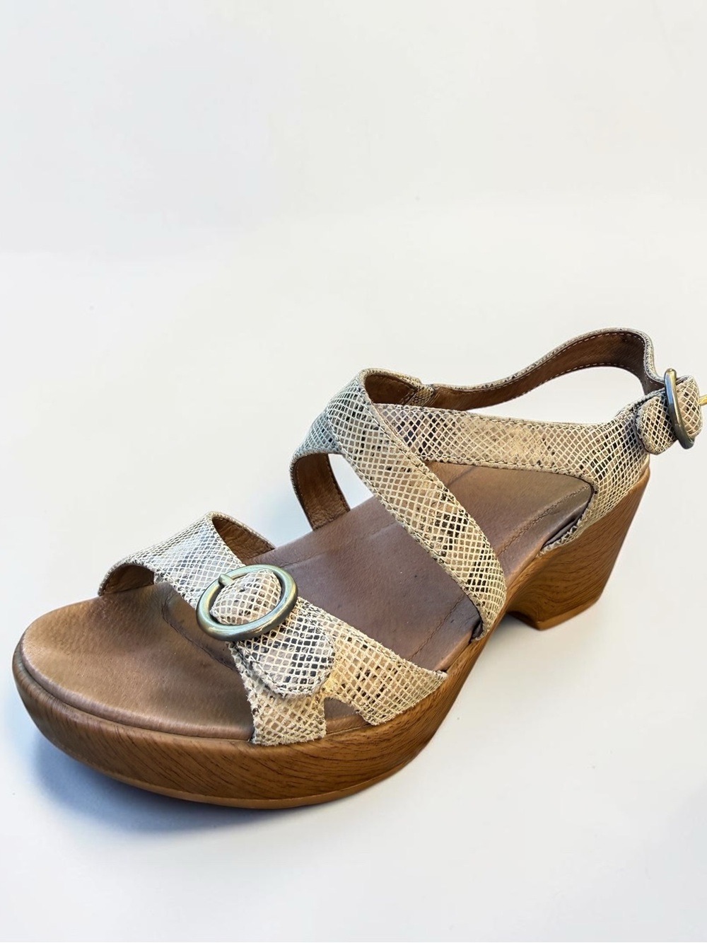 Dansko Beige Snake-Embossed Strappy Sandals with Gold Buckles 36